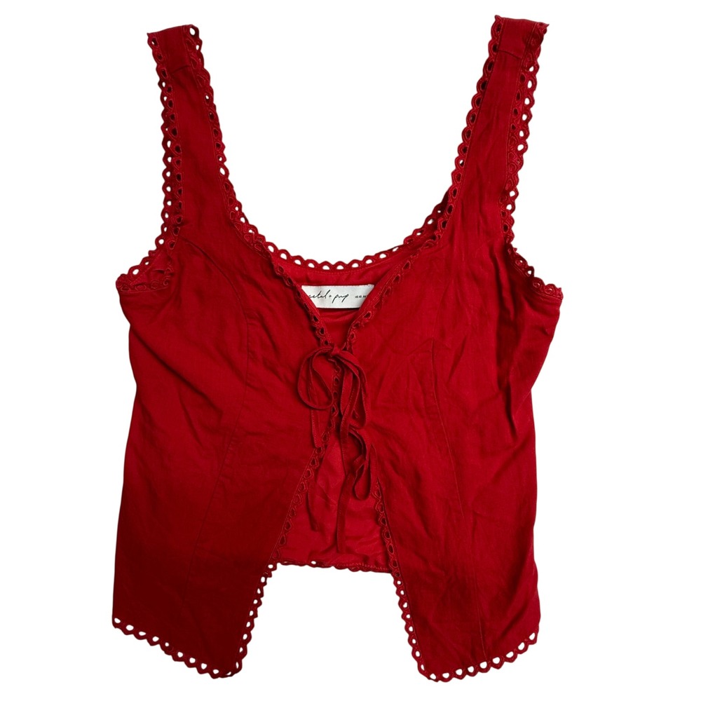Petal & Pup XS Red‎ Tie Front Tank Top Eyelet Trim Linen Blend Boho Cottage